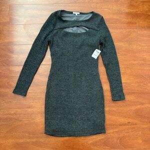 Dark Gray Long Sleeve Cut Out Ribbed Sweater Dress